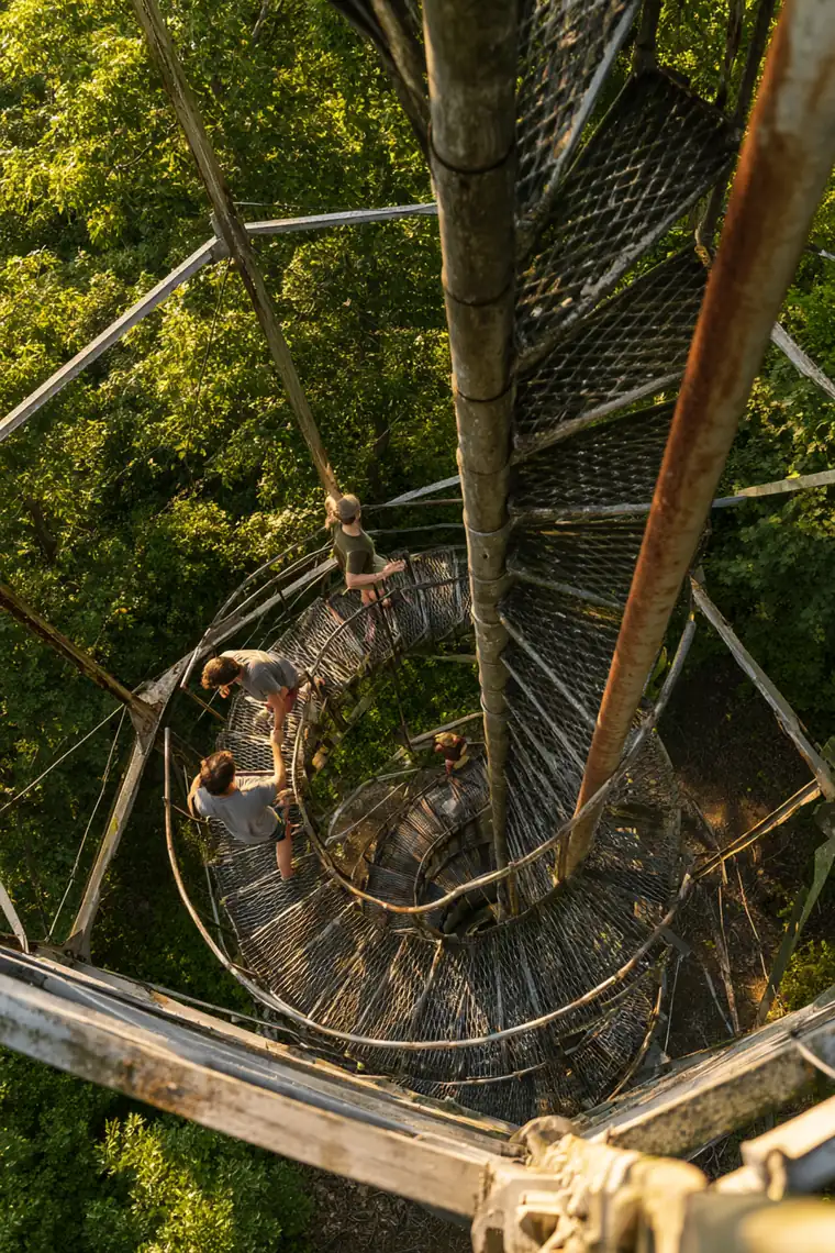 Family climbing a fire-lookout tower staircase in a national forest