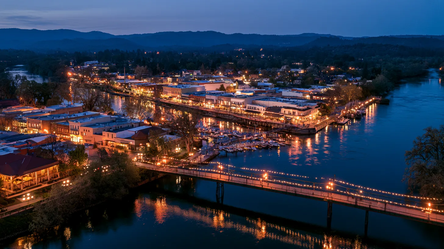 American river town at dusk with warm lights