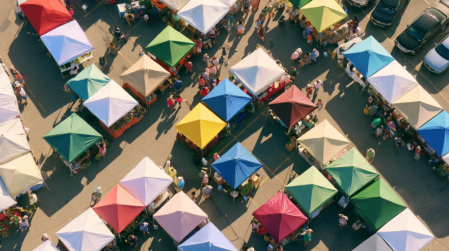 Aerial rows of colorful market umbrellas arranged for comparison shopping